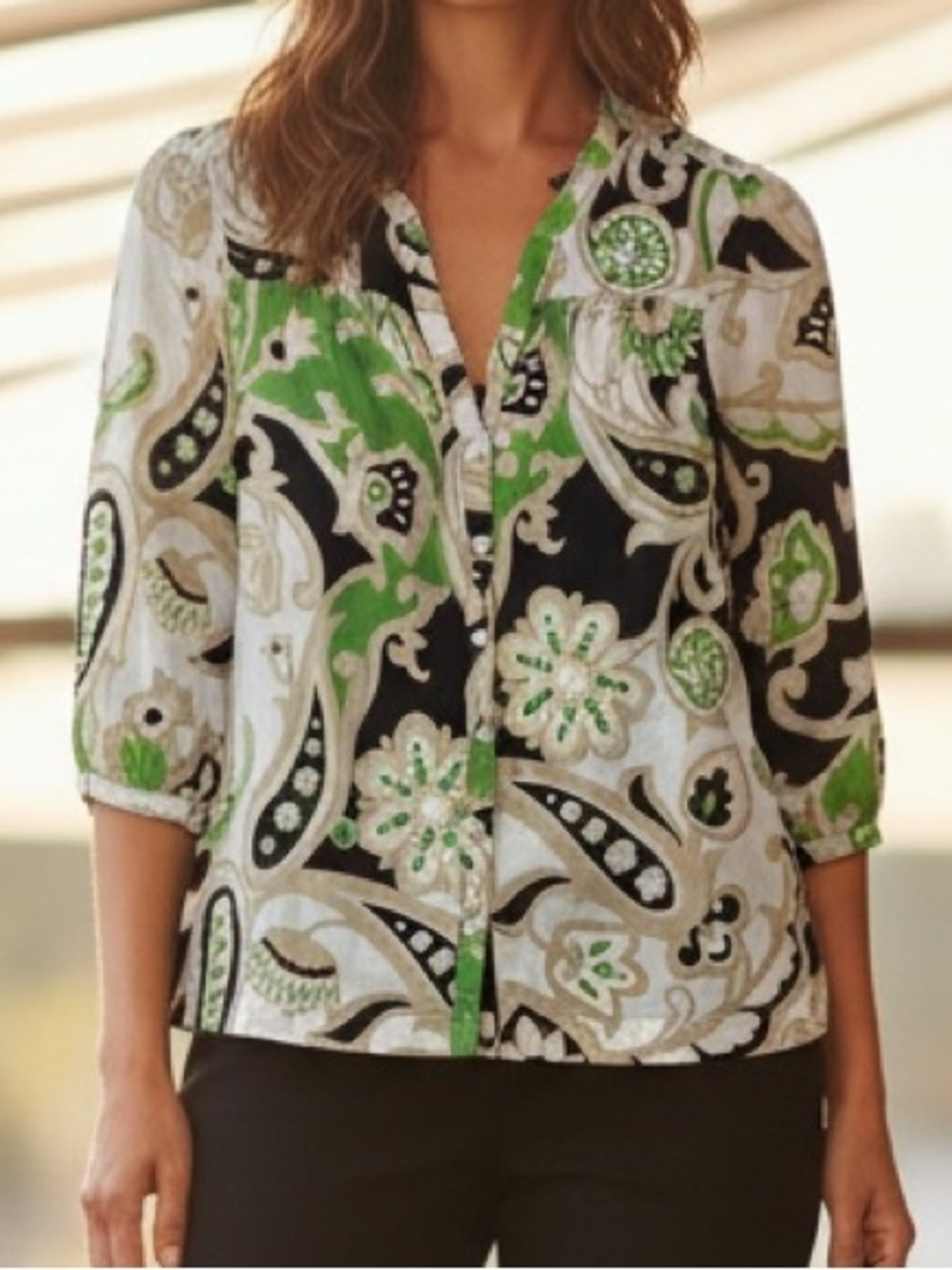 Ann Taylor Petites Paisley Print Top in Black, Green & Cream